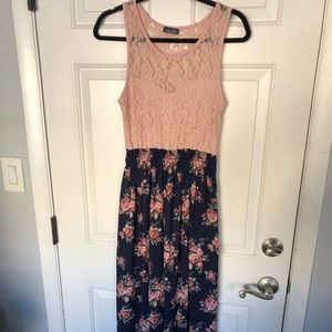 Blush pink and Navy maxi dress. Lace and floral